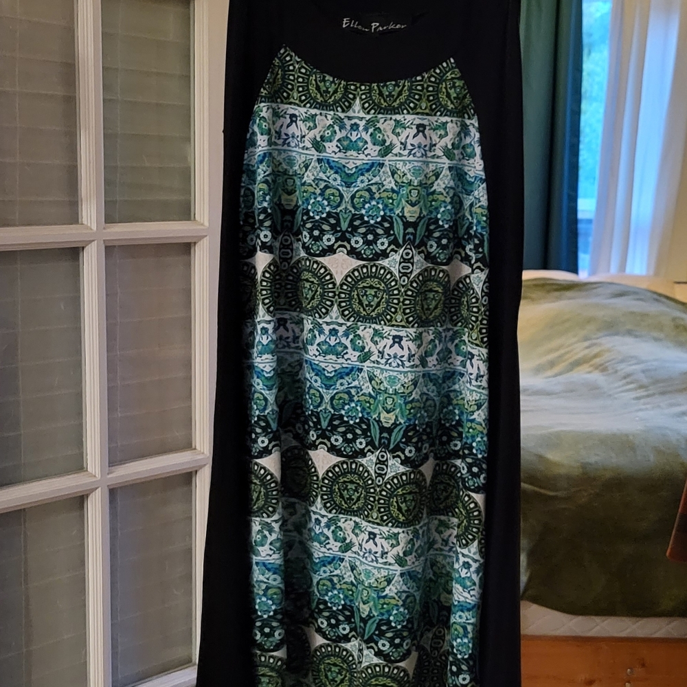 Green and white dress.